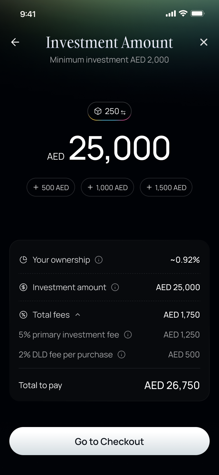 strada one investment screen showing AED 2,000 minimum