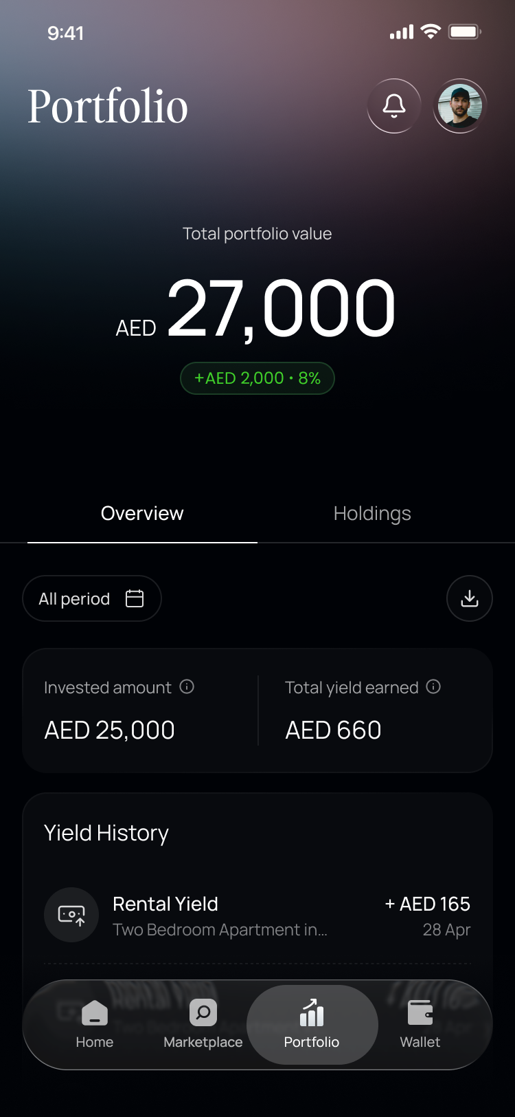 strada one portfolio screen with monthly yield history